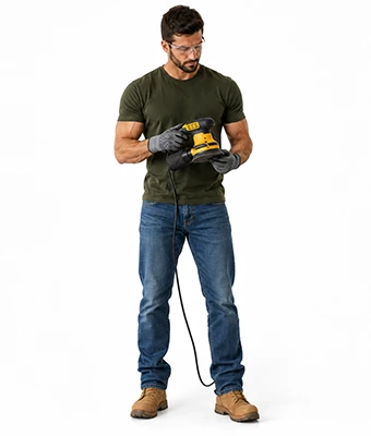 Man holding a corded orbital sander