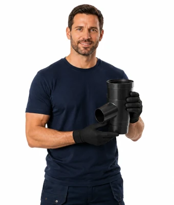 Man holding a rainwater diverter/downpipe connector fitting.