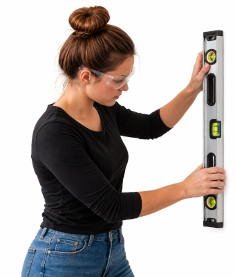 Woman holding a level to construct a modern faux fireplace surround