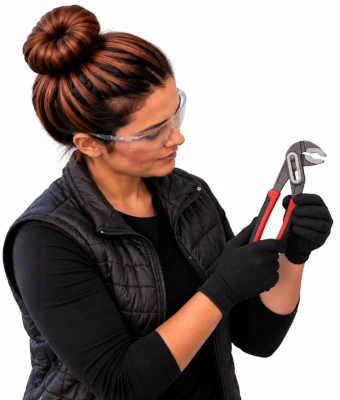 Lady holding a tongue-and-groove (channel-lock style) pliers to fit an outdoor tap & frost protection jacket