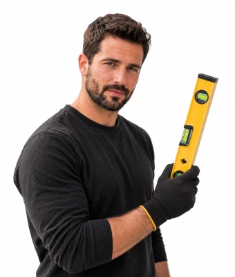 Man holding a level to assist in fixing leaking gutters and fit leat guards