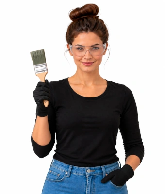 Women holding a paintbrush to paint interior wood panelling & wainscoting