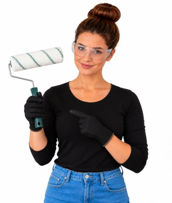 Lady holding a roller paint brush to paint and transform your kitchen cabinets
