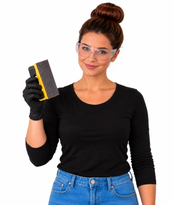 Woman holding a sanding block to assist in patching large holes in plasterboard walls