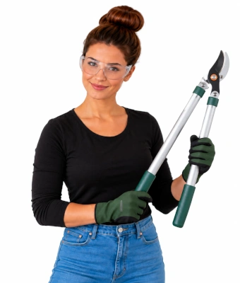 Woman holding pruning shears to prune and restore overgrown hedges and shrubs