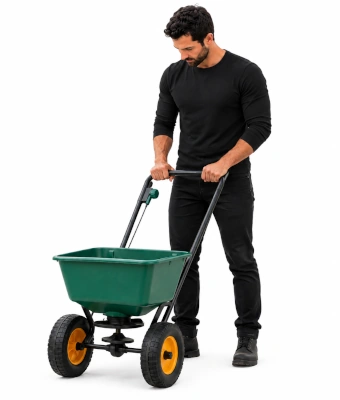 Man pushing a walk-behind broadcast spreader to level and top-dress your uneven lawn