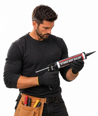 Man with sealant to patch damaged roof tiles and slates