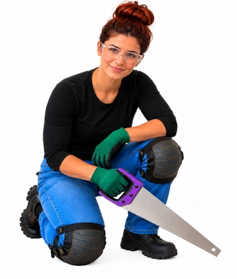 Woman with saw in hand to lay waterproof SPC click flooring