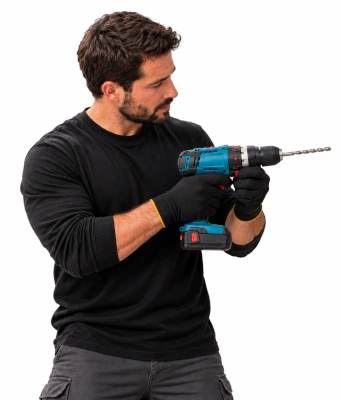 Man holding a drill to fit a heavy-duty bolt and lock to driveway gate.