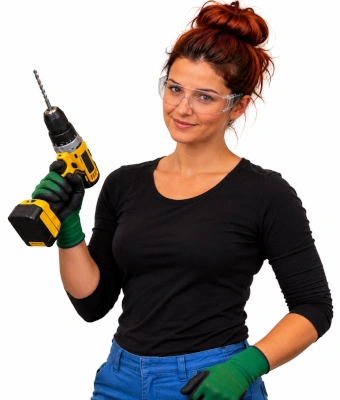 Lady holding a drill to fit doorway thresholds and flooring reducing strips