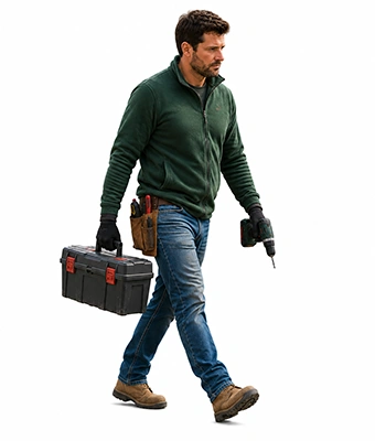 Man carrying a toolbox and drill to change garden gate and upgrade the latches
